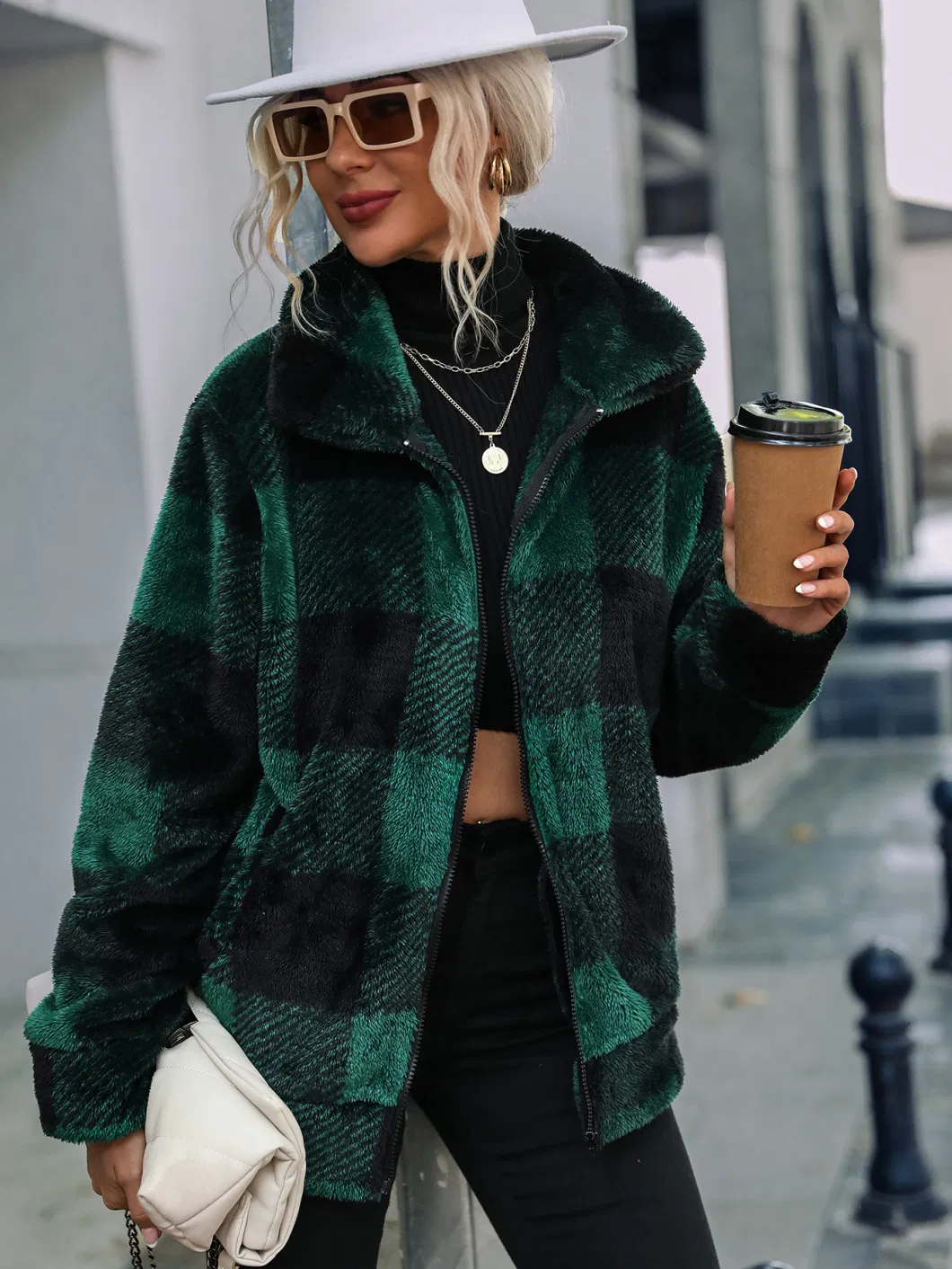 Autumn and Winter Lady Long Sleeve Standing Collar Cardigan Women′s Plaid Regular Long Plush Zipper Two Side Brushed Fleece Coat