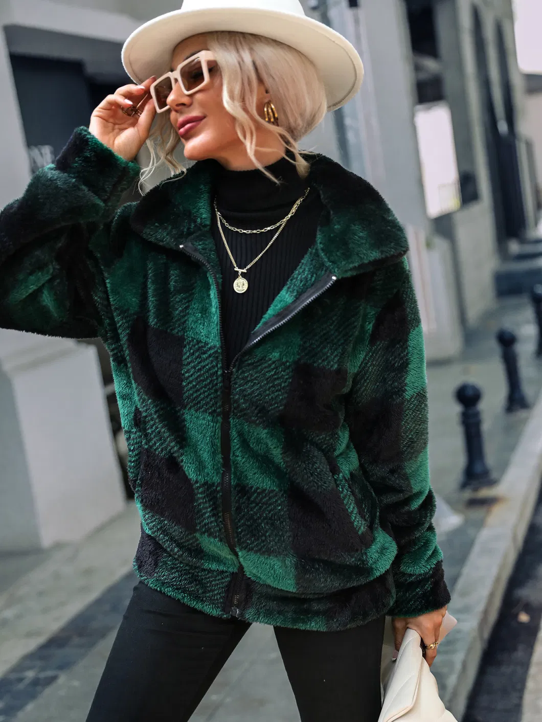 Autumn and Winter Lady Long Sleeve Standing Collar Cardigan Women′s Plaid Regular Long Plush Zipper Two Side Brushed Fleece Coat